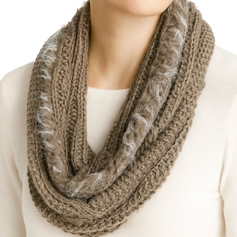 Infinity Scarf Tan Knit Brown Cableknit Fur Trim Loop Circle K Lanes
